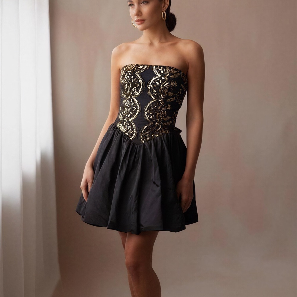 Jessica Mclintock Gunne SAX Black gold Sequin Evening Party Dress Huge Back Bow